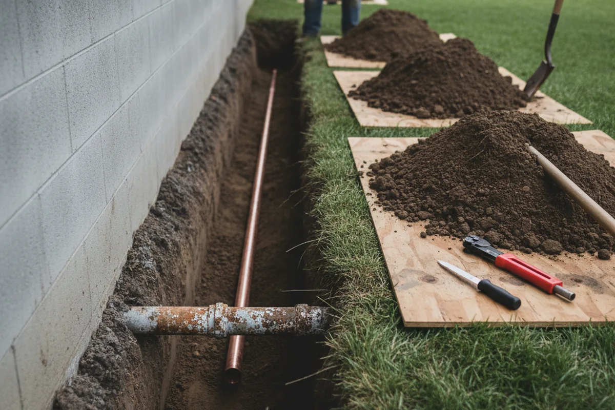 Excavated water line trench during Sewer Line Repair in Wilmette